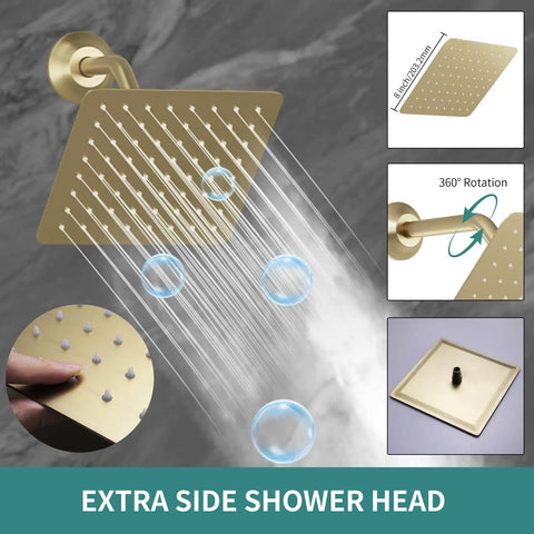 Straight Up Premium Dual Rain Shower System In Slick Brushed Gold Finish Featuring LED Ceiling Head Four Function Thermostatic Valve And Solid Brass Body showing extra side shower head with 360° rotation feature.