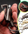 Close-up of black All In One Multitool Lighter Keychain With Bottle Opener, shown in hand with additional color options.