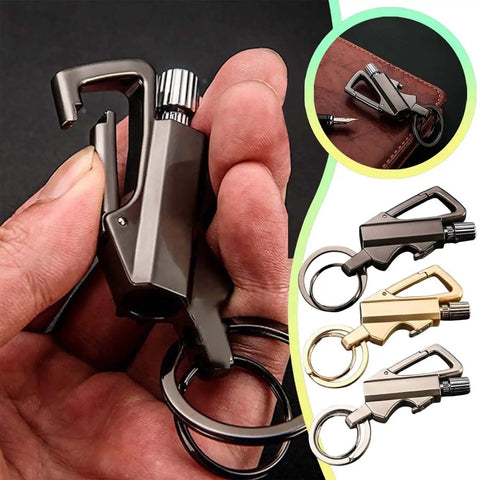 Close-up of black All In One Multitool Lighter Keychain With Bottle Opener, shown in hand with additional color options.