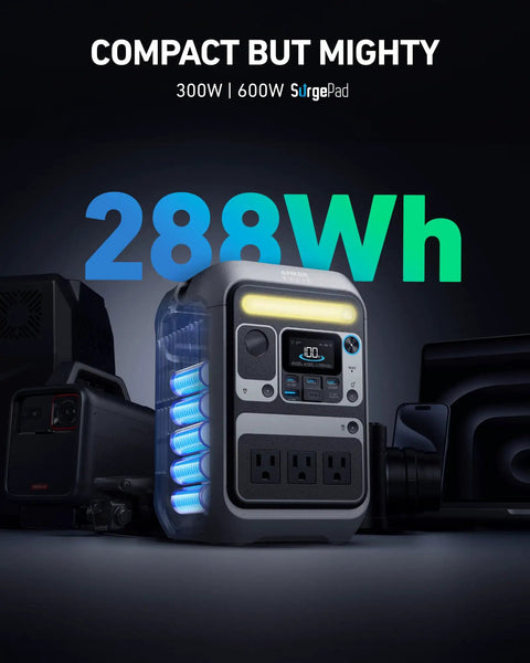 SOLIX C300 Portable Power Station With 288Wh LiFePO4 Battery 300W Continuous Power And 600W Surge eight ports glowing blue