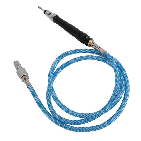 Kickass Pneumatic Pencil Die Grinder Crushing Metal With 70000Rpm Of Pure Air Powered Might tool with blue braided air hose and slim grip handle.