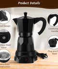 6 Cup Electric Moka Pot Espresso Maker 300ml Portable Aluminum Coffee Brewer Detachable Base Travel Friendly Black