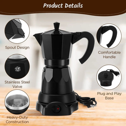 6 Cup Electric Moka Pot Espresso Maker 300ml Portable Aluminum Coffee Brewer Detachable Base Travel Friendly Black