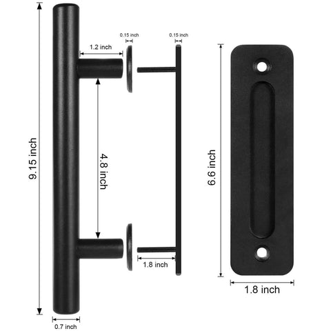 12 Inch Sliding Barn Door Handle Pull with Flush Back Plate, Matte Black Powder Coated Finish, side view, with measurements