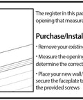 Illustration of installation for Scroll Design Wall And Ceiling Register 6x14 Textured Black with durable plastic damper box.