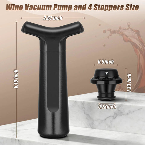 Wine Saver Vacuum Pump With 4 Reusable Stoppers, black ABS pump, silicone stopper, dimensions shown.