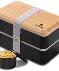 Adult Bento Box With Compartments, 47oz Stackable Japanese Style Rectangle Lunch Container, black with bamboo lid and sauce container.