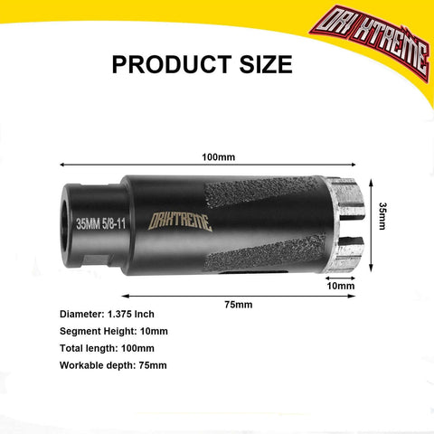 ORIXTREME diamond core drill bit, 35mm diameter with 5/8-11 thread, 100mm total length