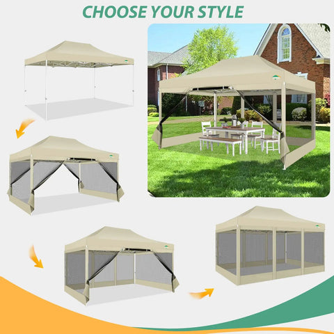 10 By 15 Heavy Duty Pop Up Canopy With Four Sidewalls And Mosquito Netting Easy Up Screen Tent for outdoor parties in khaki
