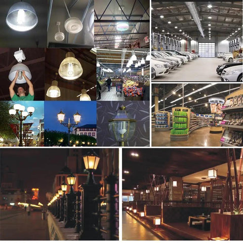Various settings illuminated by Killer Bright Daylight LED Corn Bulb 200W Equivalent, E26 Base, shown in diverse installations.