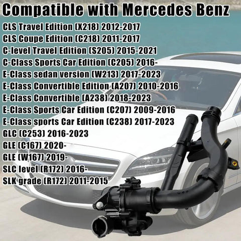 Boss Level Heavy Duty Water Pump With Integrated Thermostat Kit For 2015 Through 2022 Mercedes Benz C180 C200 C350e E300 Glc250 300 Engine Cooling Assembly visible in front of a Mercedes vehicle.