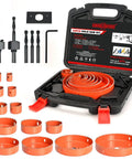 Heavy Duty 22 Piece Hole Saw Set With Upgraded Double Ground Teeth, Pro Grade Drill Kit For Drywall Plywood Pvc And Plastic showing various sizes and tools in a case.