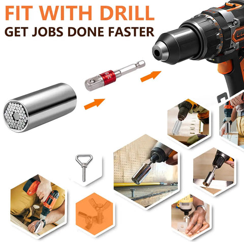 Universal Socket Set 7-19mm And 11-32mm All In One Heavy Duty Super Socket with drill adapter shown in use for various tasks.
