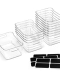 12 Pack Clear Plastic Storage Bins With Labels For Home, Kitchen, Pantry, Bathroom, Office And Cabinets, displayed in stack.