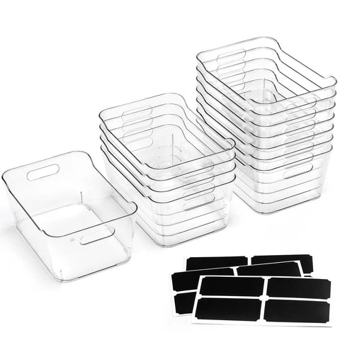 12 Pack Clear Plastic Storage Bins With Labels For Home, Kitchen, Pantry, Bathroom, Office And Cabinets, displayed in stack.
