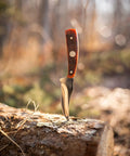 Generational USA Fixed Blade Knife With Three Point Five Inch Clip Point Skinner And Seven Point Twenty Five Inch Overall Length 1095 HC Stainless Steel Full Tang Bone Handle For Hunting Skinning Field Dressing And Outdoors Tough As Nails stuck in a log outdoors.