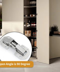 Two-Pack Hidden Hinges For Frameless Cabinet Doors, 90 Degree Concealed Surface-Mount Hinges For Modern Cabinets, shown with open cabinet door