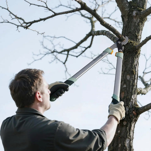 Man using Heavy Duty Bypass Loppers For Tree Trimming With German Stainless Steel Blades Rust Resistant And Beast Mode Sharp Up To 2 Inch Branches Yard Work Ready Pruner For Garden Maintenance to cut a branch