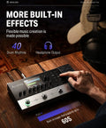 Person using Arena2000 Guitar Multi Effects Pedal with 278 Effects 100 IRs, highlighting 40 drum rhythms and headphone output.