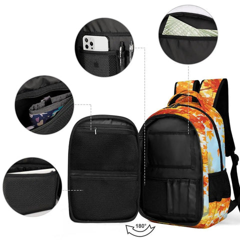 Open compartments of Fall Drifting Maple Leaf Print Backpack For Unisex Use Large Capacity Daypack Made From Durable Polyester