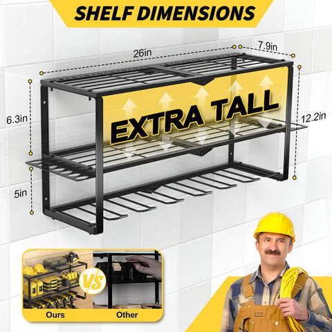 Beefy 3 Layer Power Tool Organizer Wall Mount With Seven Cordless Drill Holders, extra tall, 160 lb capacity, 26x7.9x12.2 inches.