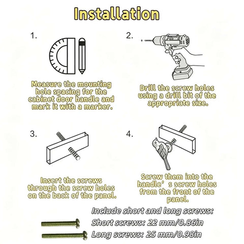Installation guide for Must Have Bird Shaped Cabinet Knobs Set of 2, showing step-by-step process with screws and drill.