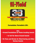 Hi-Yield 38 Plus Turf, Termite & Ornamental Insect Control label with 38% Permethrin for pest protection and usage instructions.
