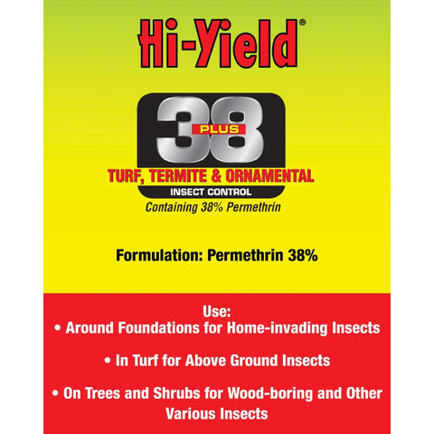 Hi-Yield 38 Plus Turf, Termite & Ornamental Insect Control label with 38% Permethrin for pest protection and usage instructions.