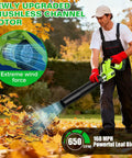 Man using Beast 21V Cordless Leaf Blower With 2 Batteries And Charger and Turbo Brushless Motor in autumn setting