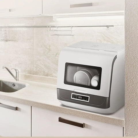Fully Automatic Countertop Dishwasher With Ultrasonic Scrubbing And Auto Dry on kitchen counter beside sink, compact size and design.