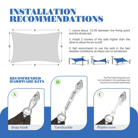 7 By 10 Ft Sun Shade Sail Rectangle Canopy installation guide with hardware kits including snap hook, turnbuckle, and rope.