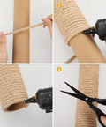 Heavy Duty Natural Sisal Rope For Cat Scratcher And Scratching Posts One Quarter Inch By One Hundred Sixty Four Feet No Dyes Safe Natural Fiber Ideal For DIY Cat Trees Scratching Furniture Crafts Gardening And Home Decor wrapped around tube with glue gun and scissors in use