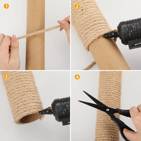 Heavy Duty Natural Sisal Rope For Cat Scratcher And Scratching Posts One Quarter Inch By One Hundred Sixty Four Feet No Dyes Safe Natural Fiber Ideal For DIY Cat Trees Scratching Furniture Crafts Gardening And Home Decor wrapped around tube with glue gun and scissors in use