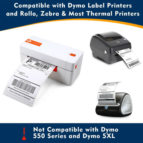 3300 Direct Thermal 4x6 Shipping Labels with Perforated White Paper shown printed with compatible label printers