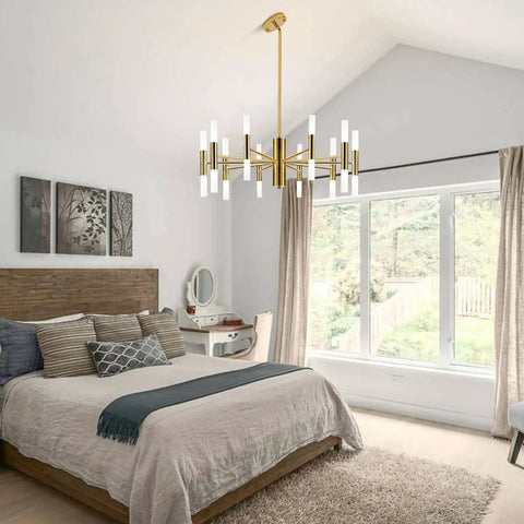 Lit Modern 20 Light LED Sputnik Chandelier With Acrylic White Shades Gold Finish Mid Century Pendant Light in bedroom setting