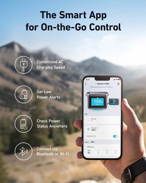 Smartphone app interface for Solix BP1000 Expansion Battery 1056Wh LiFePO4 With 10 Year Lifespan And 3000 Cycles displayed outdoors