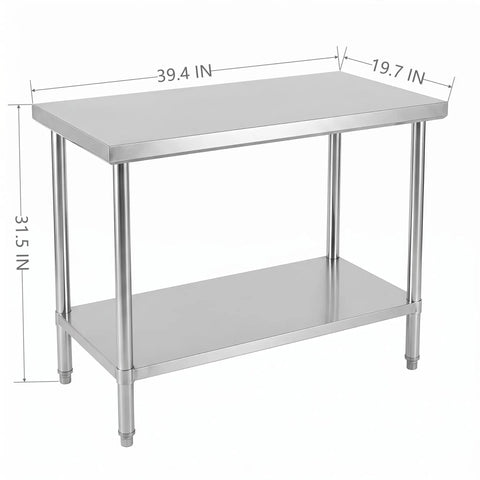 Premium 40x20 Stainless Steel Work Table Beefy Frame Heavy Duty Prep Station With Lower Shelf 600 Pound Capacity shown from the side.