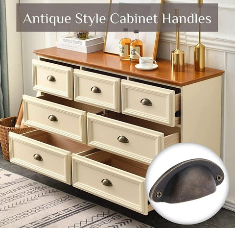 10 Piece Heavy Duty Antique Bronze Cup Pulls Top Shelf Vintage Shell Drawer Handles on dresser with open drawers