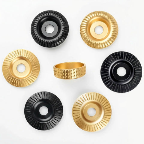 7 Piece Angle Grinder Wood Carving Disc Set For Four Inch Or Four And A Half Inch Grinders With Five Eighth Inch Arbor includes gold and black discs.