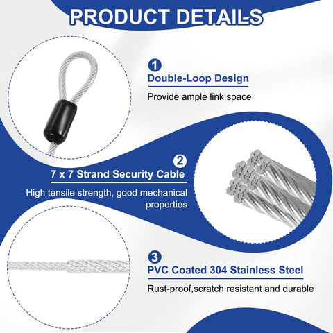 Heavy Duty PVC Coated Security Steel Cable With Snap Hooks 4.9 Ft Double Loop Wire Rope Lock For Outdoor Travel Luggage Bike Safety And Gear Clear Finish. Image shows steel cable construction details.