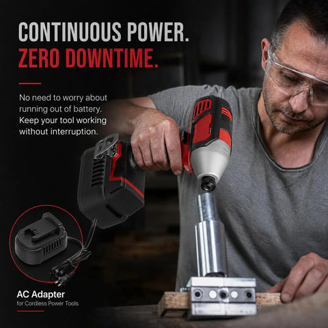 Hella Solid 500W AC To DC Converter Compatible With Milwaukee M18 Cordless Tools 120V To 18V Power Supply Adapter in use with impact wrench.