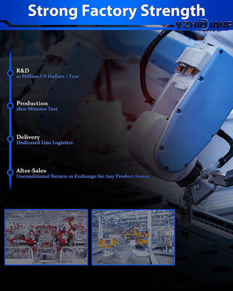 Robotic manufacturing arm in a factory setting with production statistics display, emphasizing strong factory capabilities.