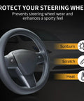 Premium Nappa Leather Steering Wheel Cover For Tesla Model 3 And Y 2016 Through 2026 Non Slip Breathable Black Protector installed on steering wheel