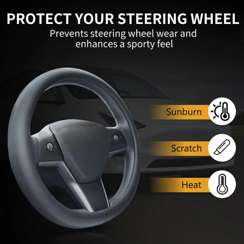 Premium Nappa Leather Steering Wheel Cover For Tesla Model 3 And Y 2016 Through 2026 Non Slip Breathable Black Protector installed on steering wheel