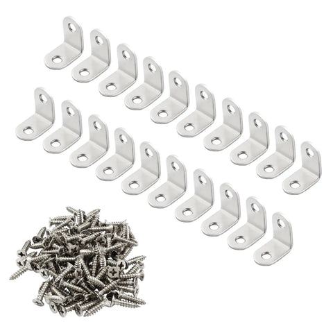Heavy Duty Stainless Steel L Brackets Corner Braces 1 Inch Angle Connectors With Screws 20 Pack arranged with screws.