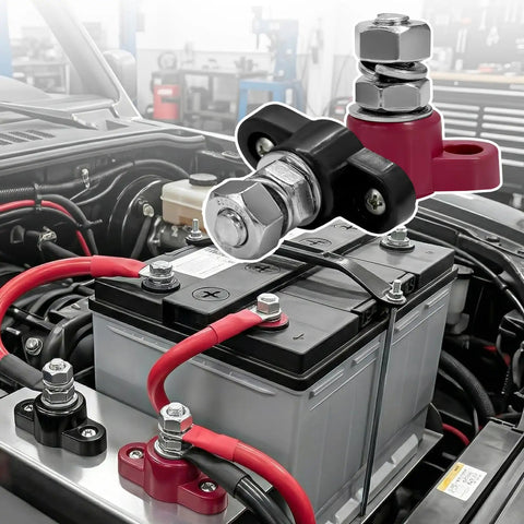 Two Pack 3/8 Inch 12V Car Battery Junction Post Block Heavy Duty Insulated Power Ground distribution terminal installed on a battery.