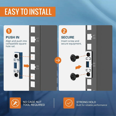 Slick Smart Push In Cage Nuts And M6 Rack Screws Kit installation guide, showing push-in and secure steps for 19 inch server racks.