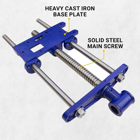 Heavy duty front vise for woodworking, showcasing cast iron base plate and solid steel main screw in blue finish.