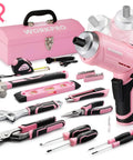 Pink 75-Piece Tool Set With Rotatable Cordless Screwdriver 3.7V, 13 Inch Portable Steel Toolbox For Home, Garage, Dorm, And New House DIY Essentials, All-In-One Basic Hardware Kit visible with tools and toolbox.