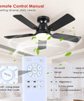 46 Inch Black Ceiling Fan With Lights And Remote, Low Noise Flush Mount Modern Low Profile Ceiling Fan With Dimmable Light And Reversible Blades, shown in use with remote control.